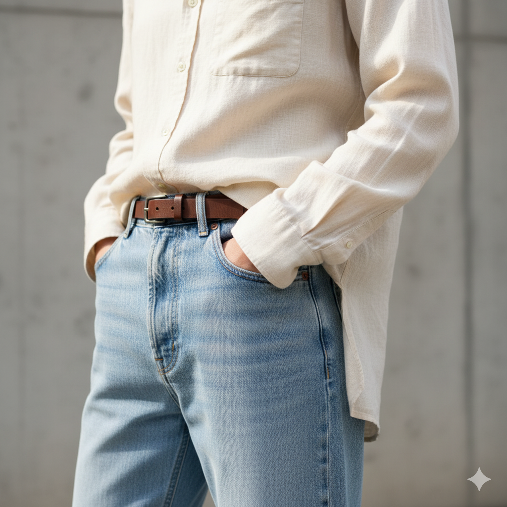 : A close-up, waist-level shot shows a person wearing a light-colored linen shirt with a "French tuck" into light-wash denim jeans. The front of the shirt is gently tucked into the jeans, revealing a brown leather belt, while the back and sides hang loose with soft fabric folds. The person's hands are in their pockets, giving a relaxed pose against a minimalist concrete background with natural daylight.