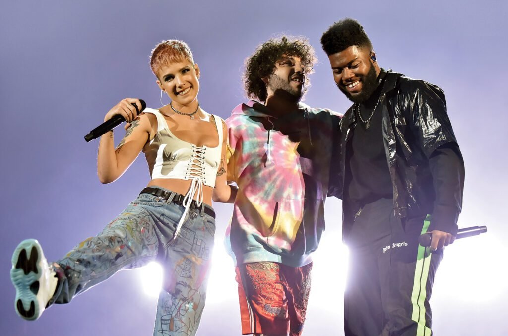 Still from the “Eastside” music video — a visual of Benny, Halsey, and Khalid performing.