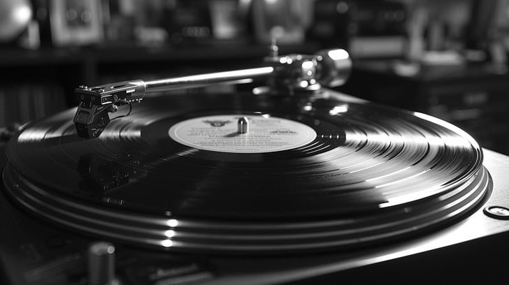 Vintage-styled photo of an old record player spinning Back to Black