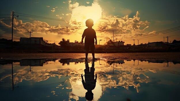 SYmbolic editorial photo — child walking down a quiet street, lens flare sunset.